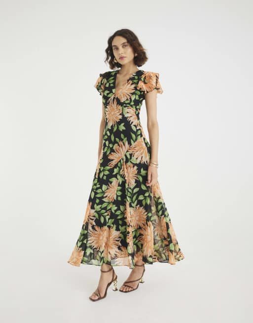 River Island Floral flutter sleeve midi dress in black