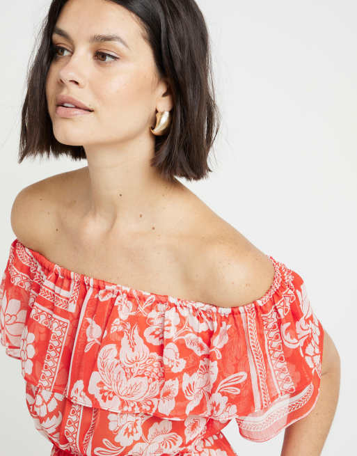 River Island Floral Frill Bardot Top In Red Asos