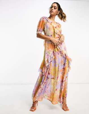 River Island floral frill detail maxi dress in purple