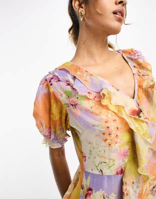 River island purple floral frill maxi dress store