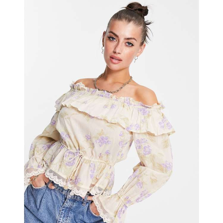 River Island floral frill long sleeve bardot top in peach