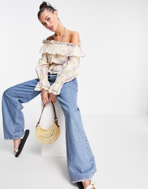 River Island floral frill long sleeve bardot top in peach, 4 of 4