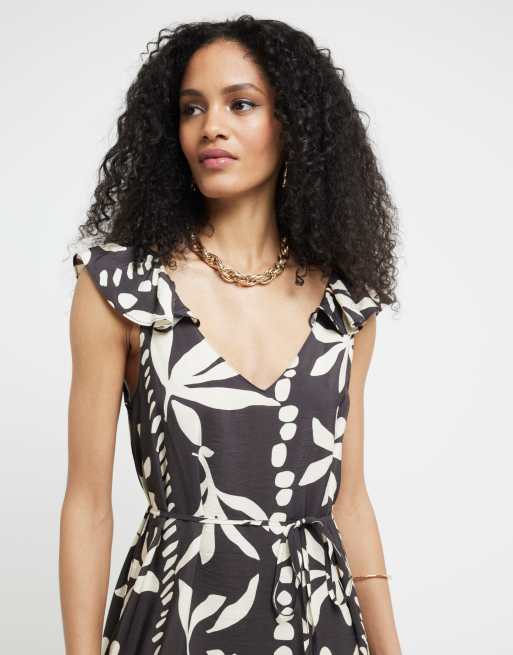 River Island Floral frill sleeve swing midi dress in brown ASOS