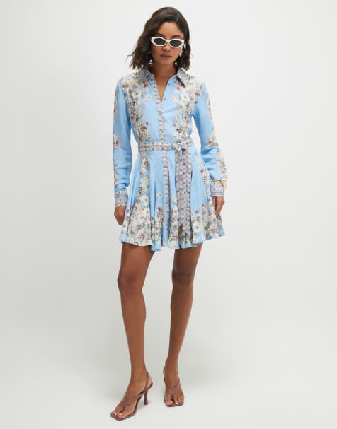River Island Floral godet mini shirt dress in blue - view 1