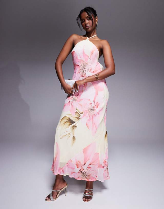 river island floral halter neck dress halterneck maxi with embellished detail in yellow Mini dress