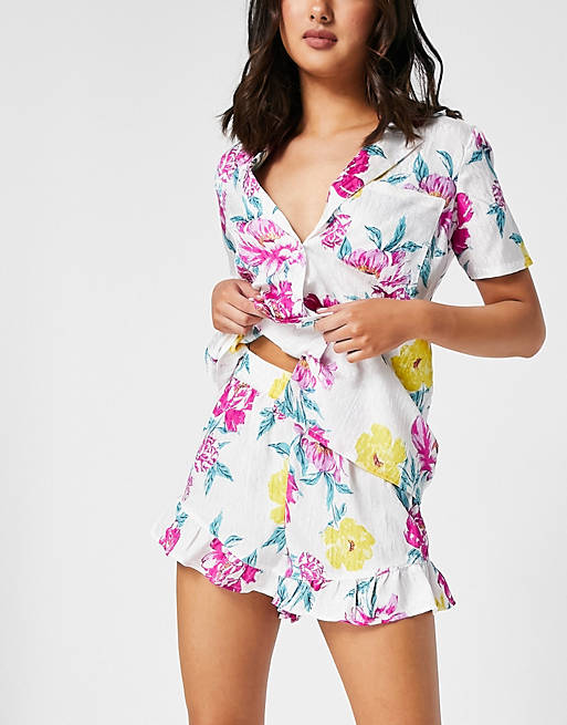 River Island floral jacquard pyjama shirt and shorts set in cream