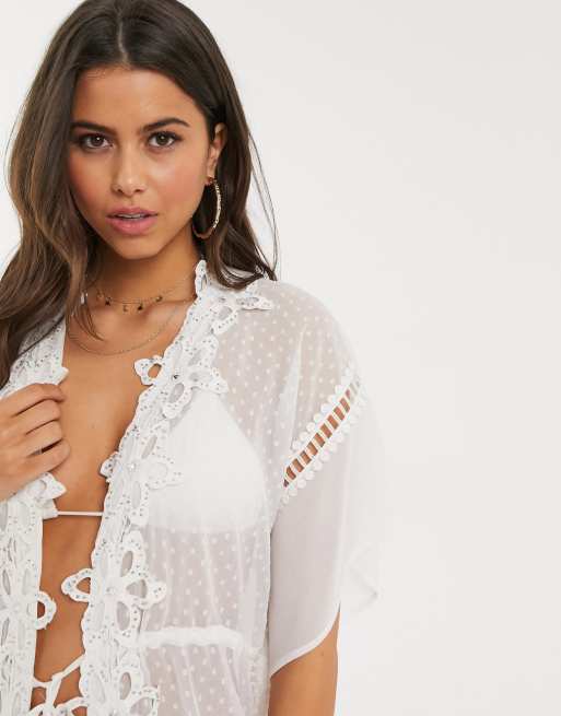 River Island floral lace applique beach kaftan in white