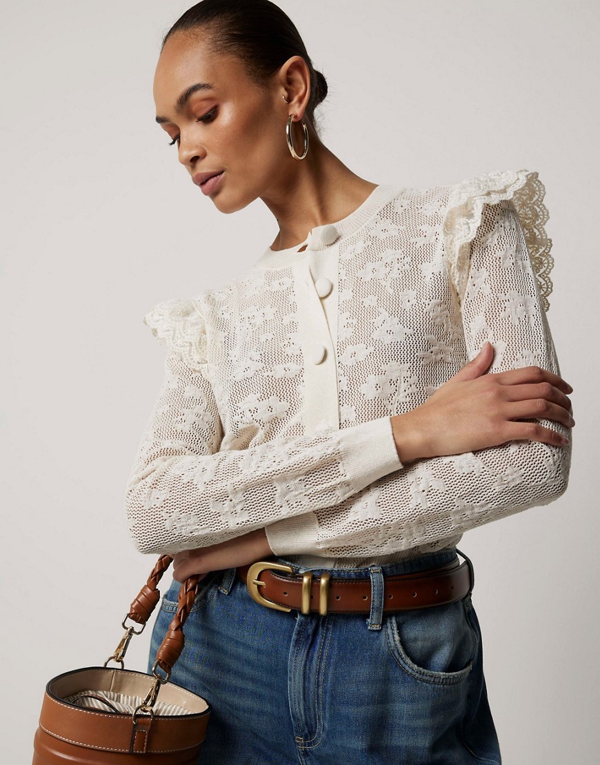 River Island Floral lace frill cardigan in beige-Neutral