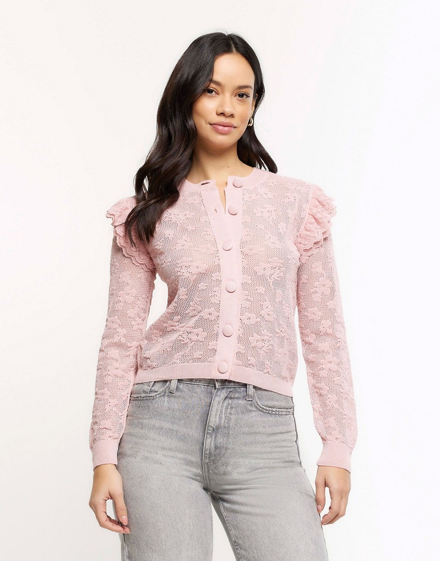River Island Floral lace frill cardigan in pink - light