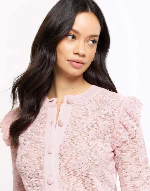 River Island Floral lace frill cardigan in pink light