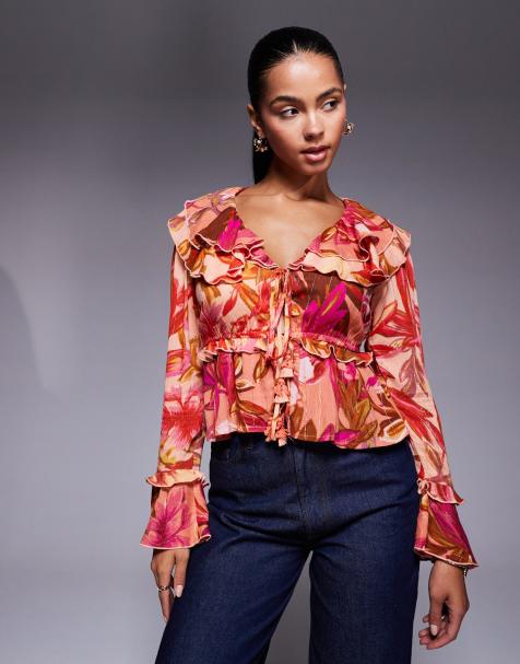 River Island floral long sleeve sheer top in orange and red - view 1