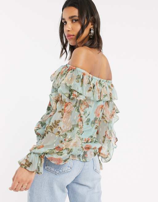 River Island floral long sleeved bardot top in blue