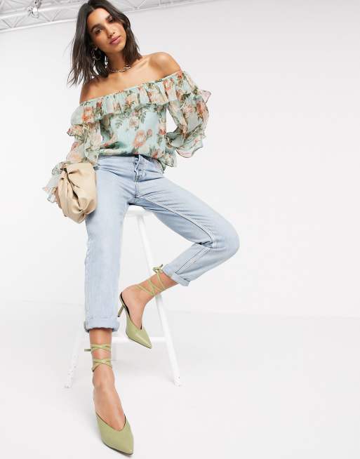 River Island floral long sleeved bardot top in blue ASOS