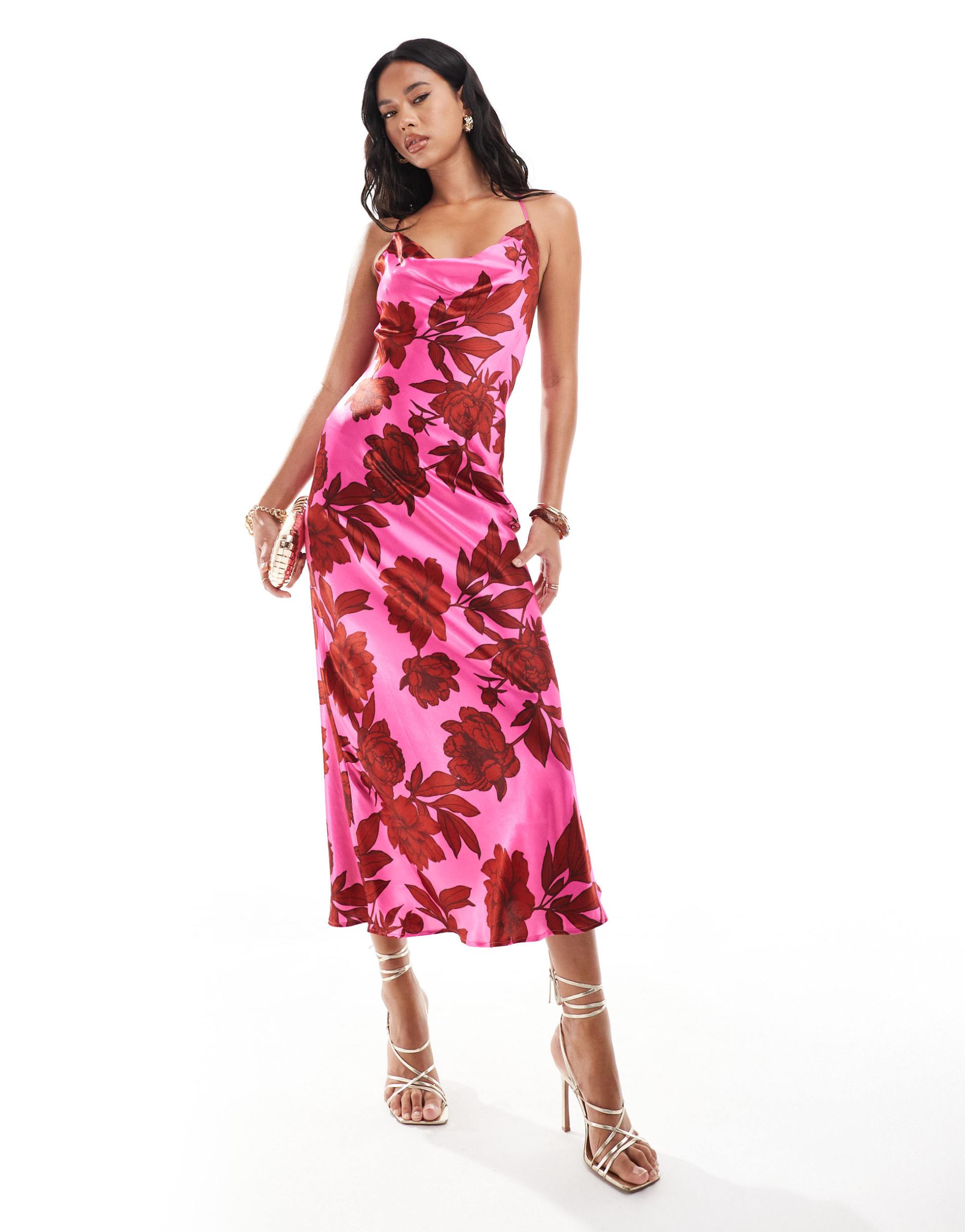 river island floral maxi slip dress in mid pink