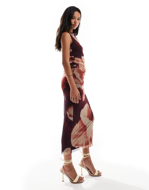 River Island floral mesh midi skirt in dark red (part of a set) - view 1