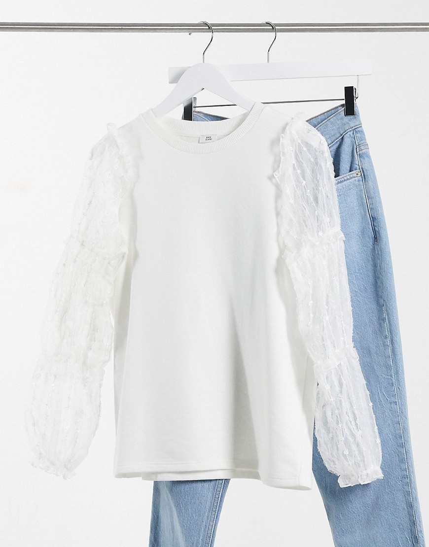 River Island floral mesh puff sleeve sweatshirt-White