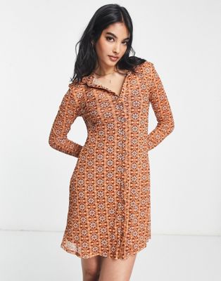 River Island floral mesh shirt mini dress in brown - ASOS Price Checker