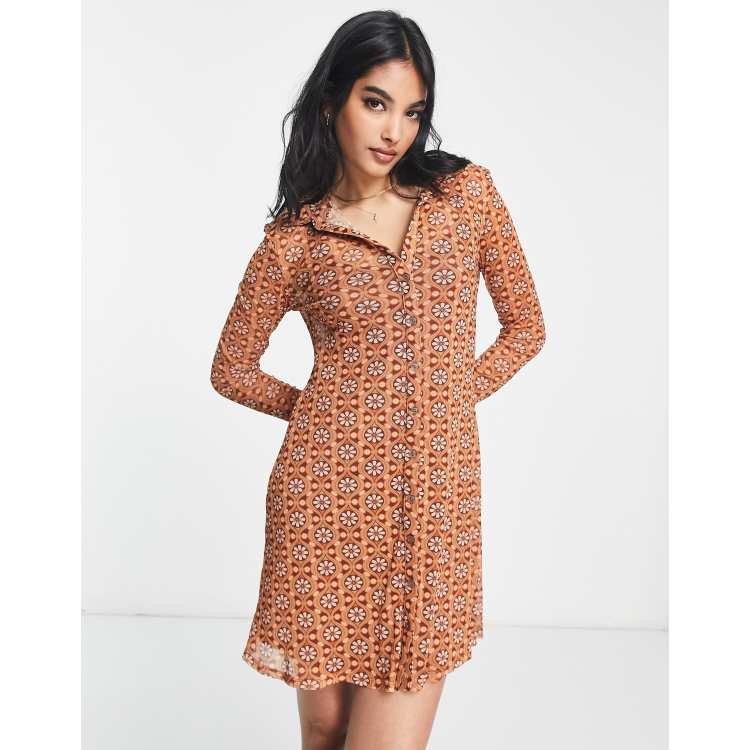 River Island floral mesh shirt mini dress in brown