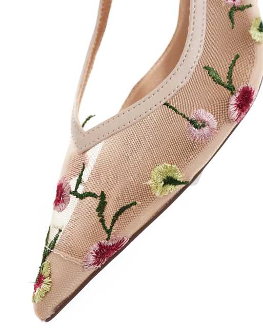 River Island floral mesh slingback heels in light pink, 4 of 4