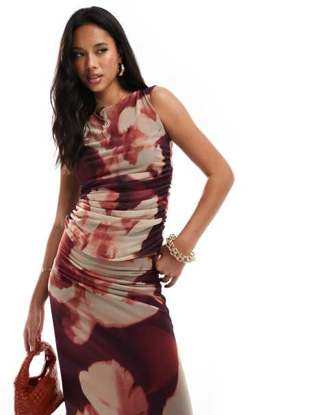 River Island floral mesh top co-ord in dark red