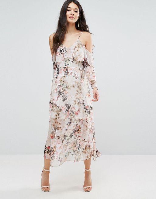 River Island | River Island Floral Midi Dress With Cold Shouler