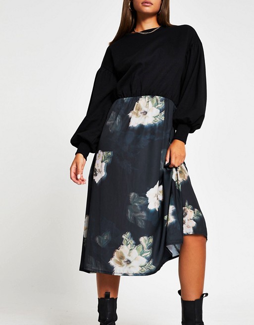 River Island floral midi dress with jumper overlay in black