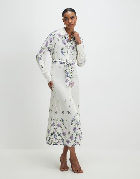 River Island Floral midi shirt dress in white - view 1