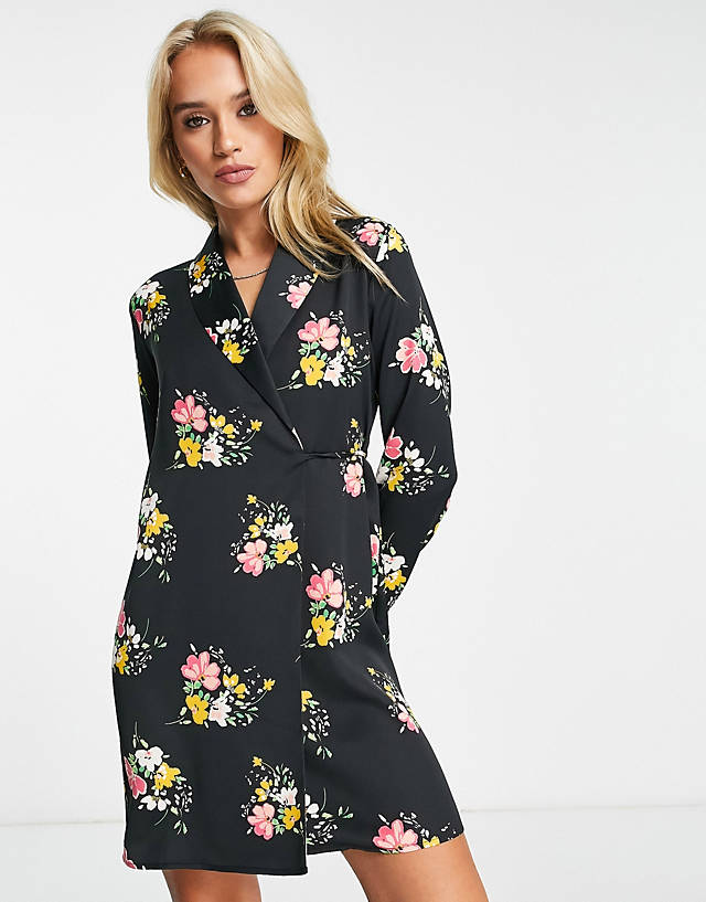 River Island - floral mini shirt dress in black