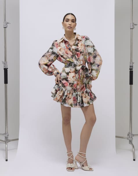 River Island Floral mini shirt dress in pink
