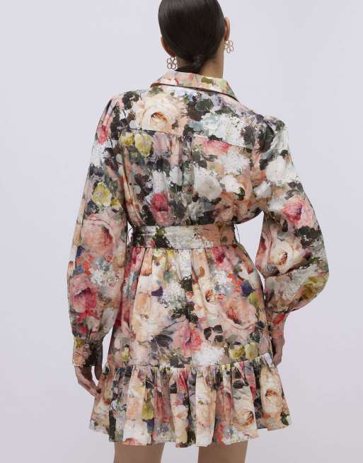 river island floral shirt dress River Island Floral long sleeve mini shirt dress in pink