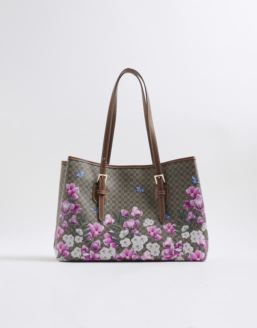 River Island Floral monogram buckle shopper bag in beige - dark | ASOS