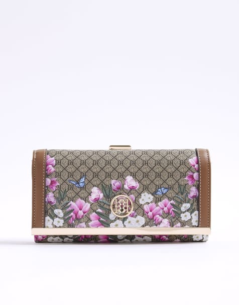River Island Floral monogram cliptop purse in beige - view 1