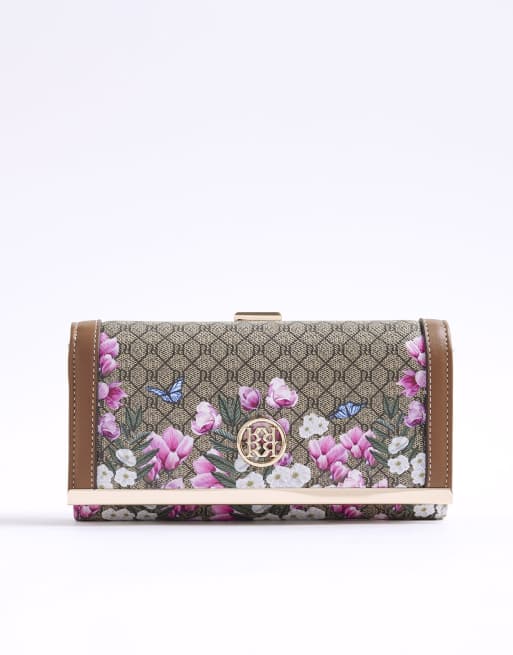 River Island Floral monogram cliptop purse in beige