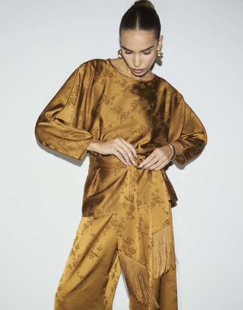 River Island Floral obi belt batwing top in bronze - view 1