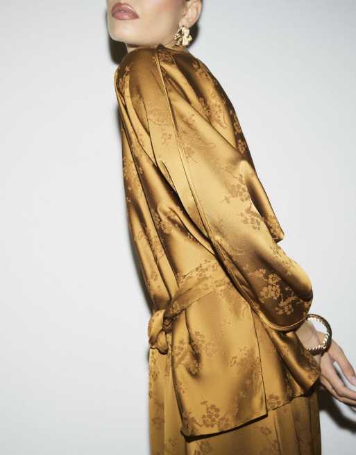 River Island Floral obi belt batwing top in bronze, 2 of 4