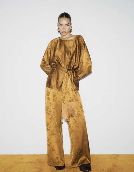 River Island Floral obi belt batwing top in bronze, 3 of 4