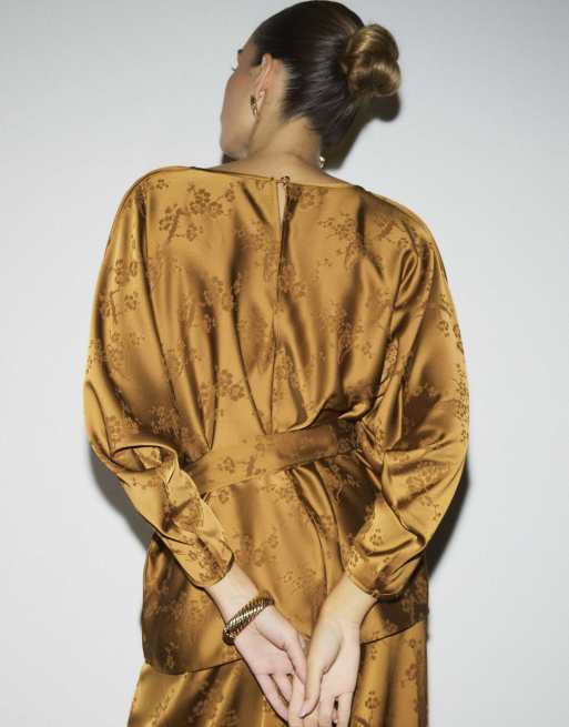 River Island Floral obi belt batwing top in bronze, 4 of 4