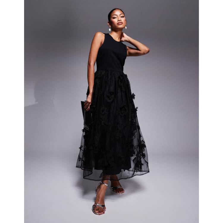river island black floral midi dress River Island floral organza prom midi dress in black