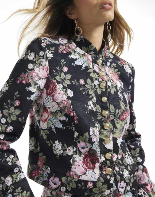 River Island Floral ottoman drummer jacket in black, 2 of 4
