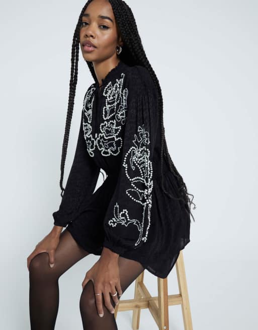River Island Floral pearl embellished mini dress in black