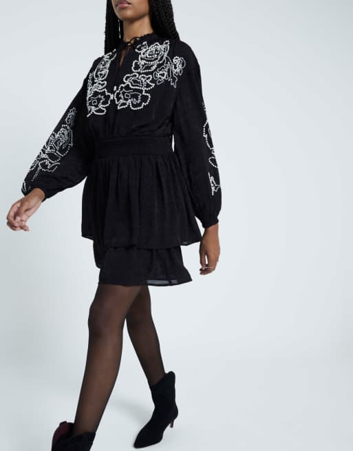 Mini Robe River Island Taille 8 - Noire Imprimée, Perles Et Pierres, Style Bodycon - Très Bon état Occasion