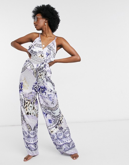 River Island floral plunge beach jumpsuit in blue