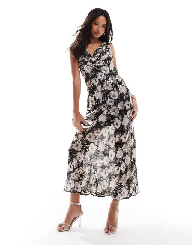 River Island - floral print cowl neck maxi dress in black