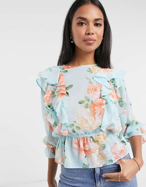 River Island floral print frill blouse in blue ASOS