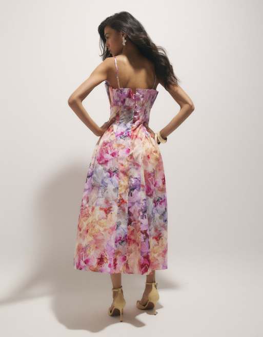 asos pink floral midi dress Lace & Beads tulle corset midi dress in pink floral