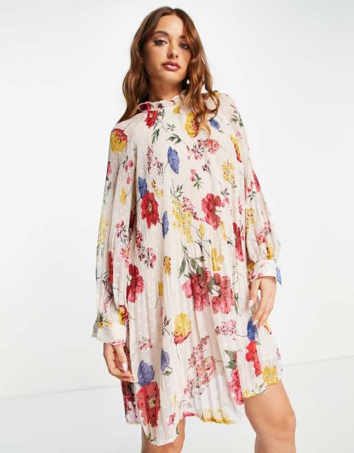 River Island floral print mini swing dress in cream | ASOS