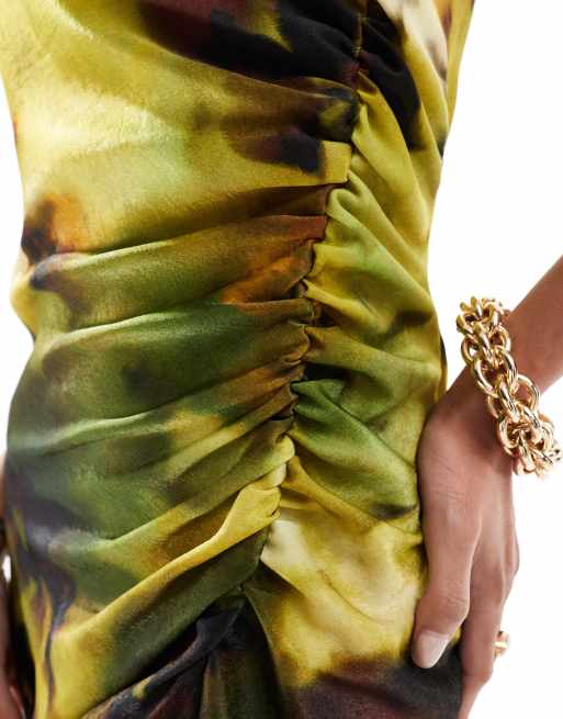 green dress with yellow collar Notch Collar Color Block Shirt Dress in Pleats – Giovanna Apparel main image 1