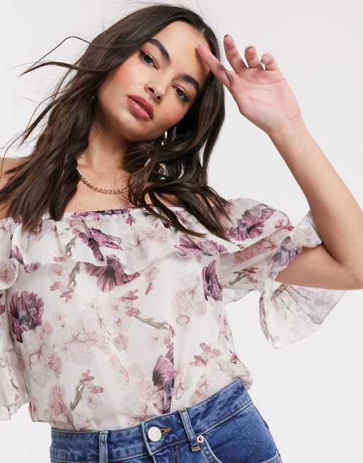 River Island floral print ruffle bardot top in pink