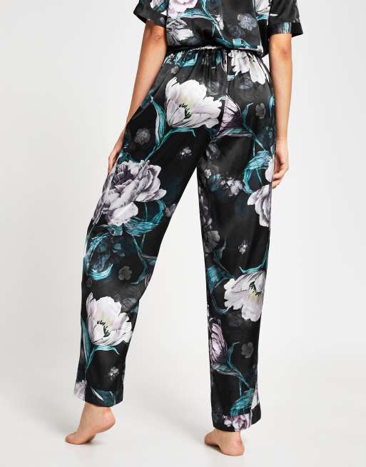 Floral-print satin pajama pants