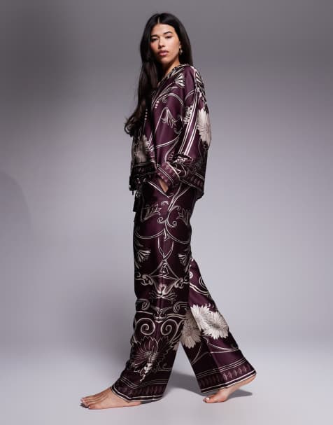 River Island floral print satin pajama set in burgundy - view 1